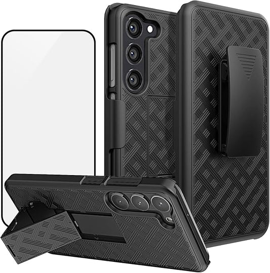 Ailiber for Samsung Galaxy S25 Case with Belt Clip, S24 Phone Case Holster with Screen Protector, Swivel 2-in-1 Kickstand Holder, Slim Shockproof Shell Pouch Full Body Phone Cover-Black