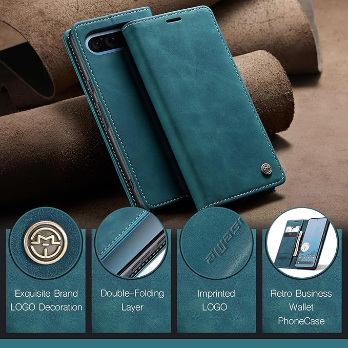 for Google Pixel 10 Pro XL/Pixel 9 Pro XL Case, Flip Wallet Leather Case with Card Holder Magnetic Closure Shockproof Kickstand Protective Phone Cases Cover, Blue-Green