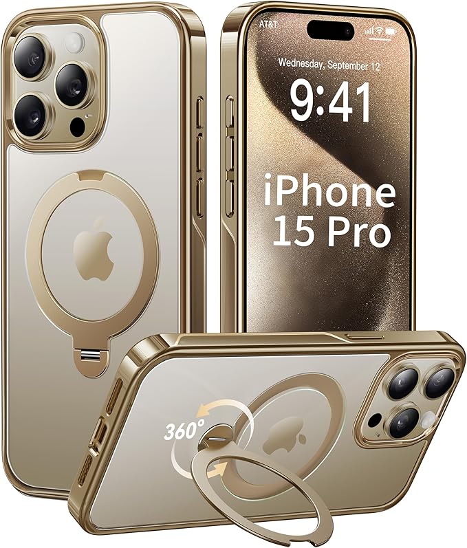 CASEKOO Titanium 360° Rotatable Magnetic Stand for iPhone 15 Pro Case [Compatible with Magsafe][16FT Military Protection] Slim 15 Pro with Kickstand Ring Phone Cover 6.1'', Antique Gold
