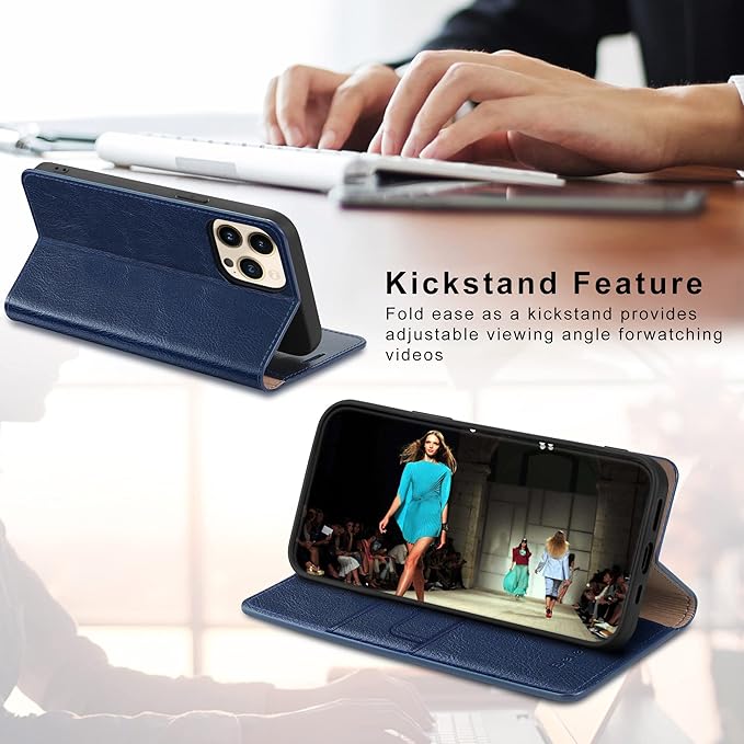 Belemay Compatible with iPhone 14 Pro Max Case Wallet-Genuine Leather Flip Case-RFID Blocking Card Holders-Shockproof TPU Shell Folio Cover Women Men Compatible with iPhone 14 Pro Max (6.7-inch) Navy