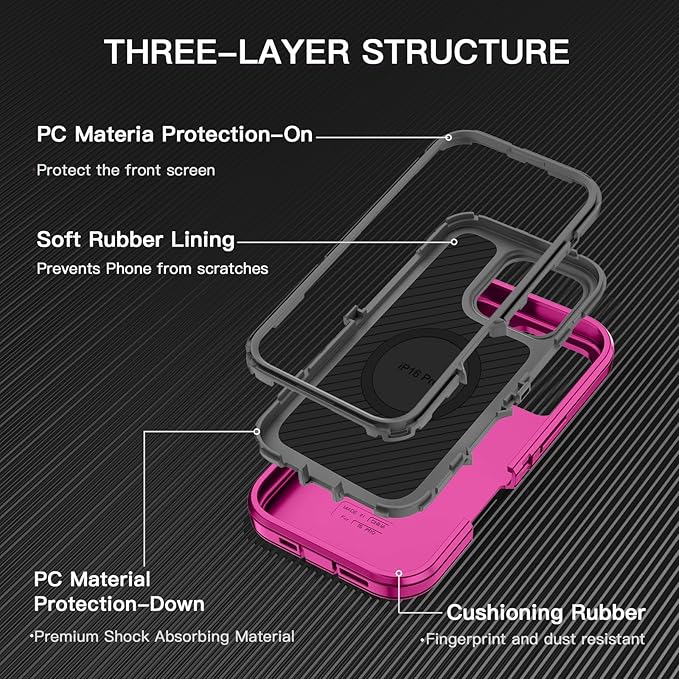 for iPhone 16 Pro Max Case [Compatible with MagSafe] Shockproof 3-Layer Full Body Protection [Without Screen Protector] Rugged Heavy Duty Cover Case for Apple iPhone 16 Pro Max,Rose Red/Grey