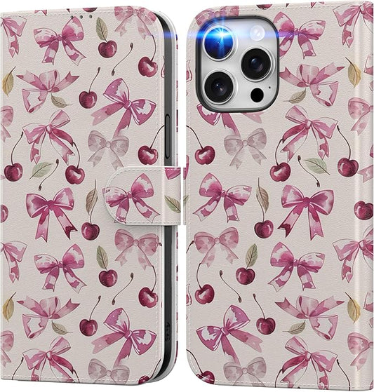 DEENAKIN for iPhone 15 Pro Max Wallet Case with Card Holder + Cash Clip, RFID-Blocking, Military-Grade Drop Protection, Magnetic Closure with Leather Kickstand - Cherry & Bowknot