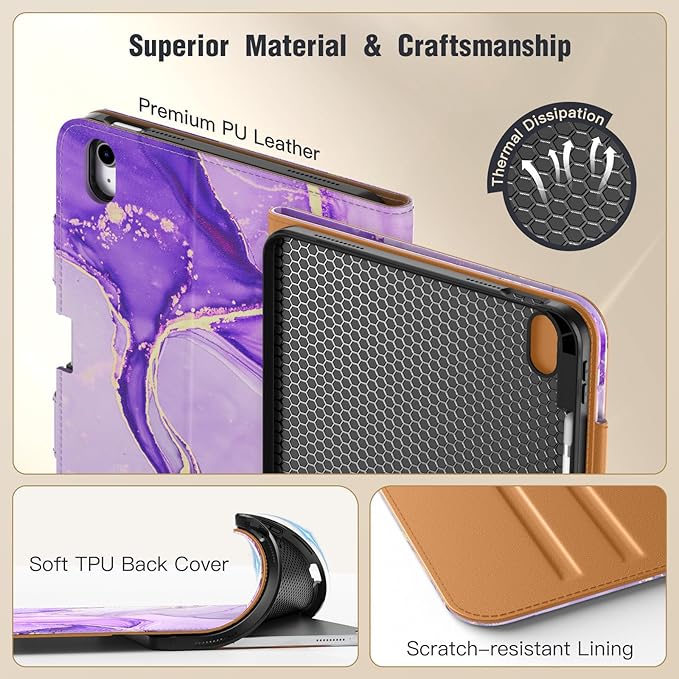 MoKo for iPad (A16) 11th Generation Case 11 inch 2025, iPad 10th Generation Case 10.9" 2022 with Pencil Holder & Pocket, Premium Leather Folio Stand Cover, Multiple Viewing Angles, Purple Gold Marble