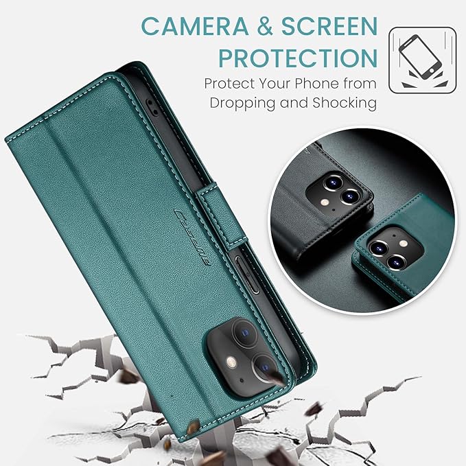 for iPhone 12 Mini Case, Premium PU Leather Wallet Case Flip Cover with [RFID Blocking][Card Holder][Stand Function] Shockproof Protective for iPhone 12 Mini 5.4 inch, Blue-Green