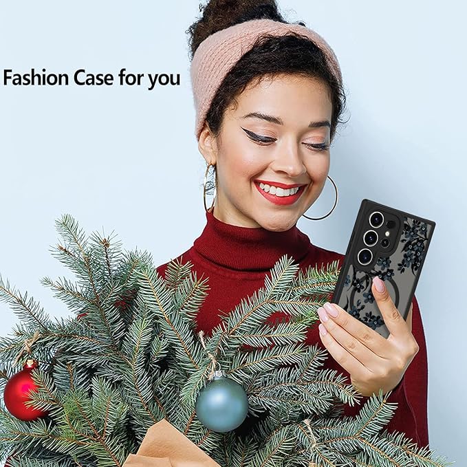 Fiyart Designed for Samsung Galaxy S24 Ultra Case Matte Flowers Design Compatible with MagSafe Wireless Charging,Cute Floral Anti-Scratch Translucent Phone Cover for Women Girls 6.8"-Black