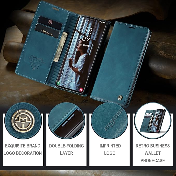 for Samsung Galaxy S21 Case, Flip Wallet Leather Case with Card Holder Magnetic Closure Shockproof Kickstand Protective Phone Cases Cover for Samsung S21,Blue-Green