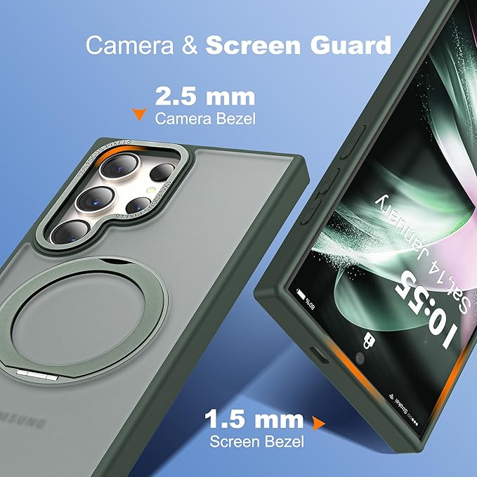 Compatible with Samsung Galaxy S24 Ultra Case with 360Rotatable Magnetic Ring Stand Compatible with Mag-Safe Military Protection Matte Translucent Phone Cases for S24 Ultra 6.8",Dark Green