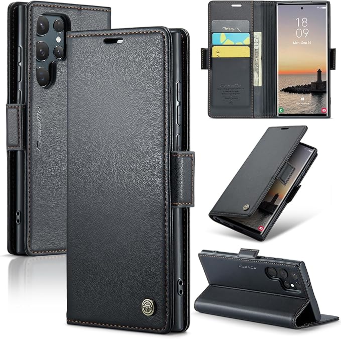 AUPAI for Samsung Galaxy S25 Ultra Wallet Case with Credit Card Holder, PU Leather RFID Blocking Folio Flip Kickstand Magnetic Clasp Protective Phone Cover for Women Men Black