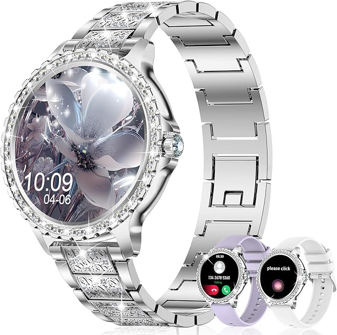 Smart Watch for Women with Diamonds (Answer/Make Call),1.32''Full Screen Smart Watch for Android /iOS,Fitness Tracker with Heart Rate/Blood Oxygen/Sleep Monitor/AI Voice Watches for Women,3 Straps