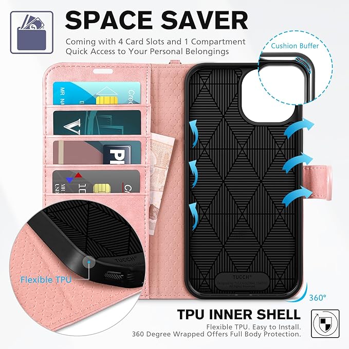 TUCCH Wallet Case for iPhone 15 6.1" 5G, [Wrist Strap] Kickstand RFID Blocking 4 Card Slots Magnetic Closure, PU Leather Shockproof TPU Shell Compatible with iPhone 15 2023, Pink with Wristlet