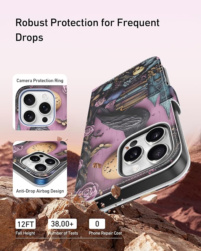 DEENAKIN for iPhone 15 Pro Wallet Case with Card Holder + Cash Clip, RFID-Blocking, Military-Grade Drop Protection, Magnetic Closure with Leather Kickstand - Gothic Skull & Raven