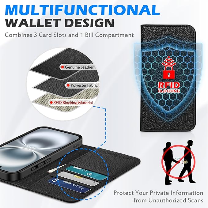 SHIELDON Case for iPhone 16 6.1" 2024, Genuine Leather Wallet Magnetic Cover RFID Blocking Card Slot Kickstand Shock-Absorbent TPU Phone Holder Case Compatible with iPhone 16 5G - Pebbled Black