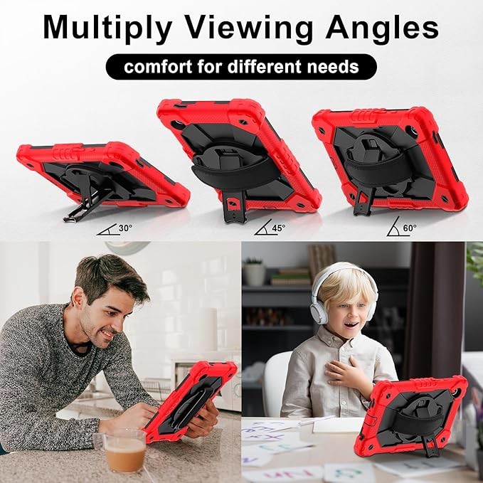 for Samsung Galaxy Tab A9 Case 8.7 inch (SM-X110/X115/X117), Heavy Duty Shockproof Silicone Cover Rugged 360 Stand Hand Shoulder Strap for Galaxy A9 Tablet Red+Black