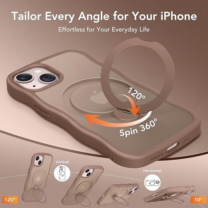 for iPhone 13 Case & iPhone 14 Case for Women,[Compatible with Magsafe][360° Spin Magnetic Stand][Cute Wave Edge][Military-Grade Protection]Translucent Matte Phone case for iPhone 13/14, Brown