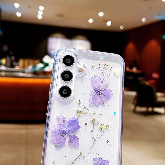Compatible with Samsung Galaxy S25 Case Cute Pressed Dried Real Flowers Design Women Girly Shockproof Hard PC+ TPU Bumper Floral Phone Cover for Galaxy S25 (Light Purple)