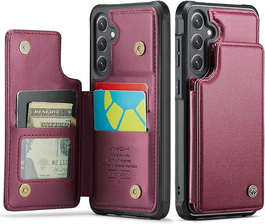 Vinich for Samsung Galaxy S25 Wallet Case with Card Holder, RFID Blocking Credit Slots Kickstand Shockproof Phone Cover for Women Men, Wine Red