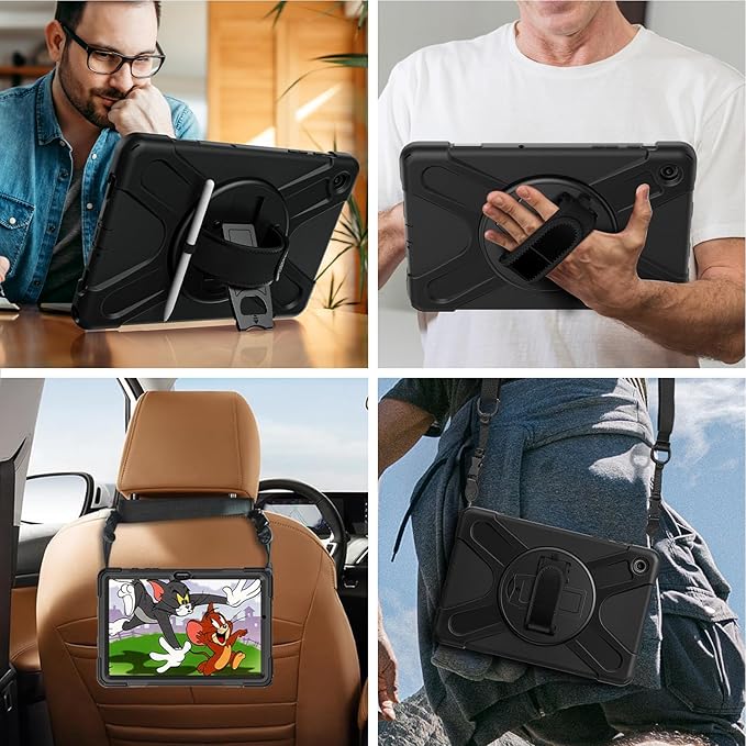 Gerutek Case for Samsung Galaxy Tab A9+/ A9 Plus Case 11" 2023, Full-Body Drop Protection Shockproof Cover with Screen Protector, 360° Rotating Stand, Hand/Shoulder Strap, Pencil Holder, Black