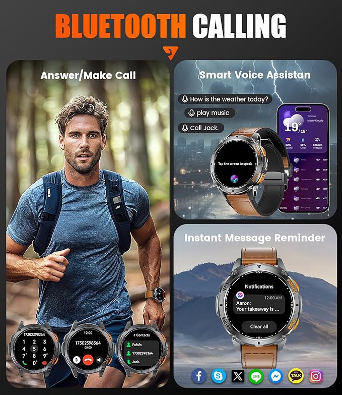 GPS Smart Watch for Men with LED Flashlight, 530mAh Extra Large Battery, 1.43'' AMOLED Military Smartwatch Answer/Make Call with Heart Rate SpO2 Sleep Monitor for Android iOS Brown