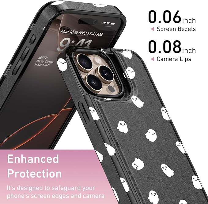 FUNMIKO for iPhone 16 Pro Max Wallet Case with Card Holder, RFID-Blocking, Military-Grade Protection & UV-Printed Artwork, Magnetic Closure with Leather Kickstand - Cute Ghost
