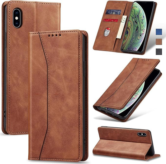 Jasonyu Flip Wallet Case for iPhone X/XS,Leather Magnetic Folio Cover with Card Holder,Kickstand - TPU Shockproof Durable Protective Phone Case,Brown