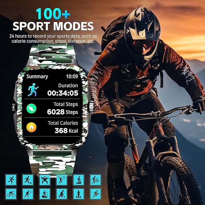 Military Smart Watches for Men (Make/Answer Call) 1.96" Screen Outdoor Activity Tracker with 100+ Sport Modes Health Monitor 3ATM Waterproof Smartwatch (Camouflage Green)