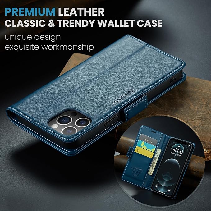 for iPhone 12 Pro Max Case, Premium PU Leather Wallet Case Flip Cover with [RFID Blocking][Card Holder][Stand Function] Shockproof Protective for iPhone 12 Pro Max, Blue