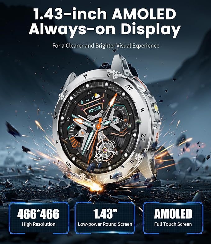 LIGE Military Smart Watch for Men iPhone Android 1.43" HD Amoled Rugged 110+ Sport Modes IP68 Waterproof Answer/Make Call Fitness Running Heart Rate Blood Pressure Health Mens Smartwatch
