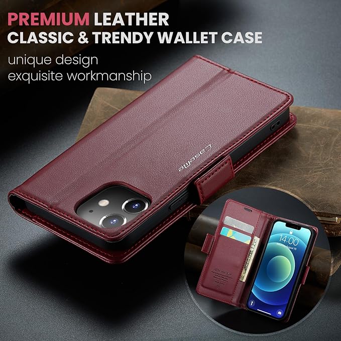for iPhone 12 Mini Case, Premium PU Leather Wallet Case Flip Cover with [RFID Blocking][Card Holder][Stand Function] Shockproof Protective for iPhone 12 Mini 5.4 inch, Red