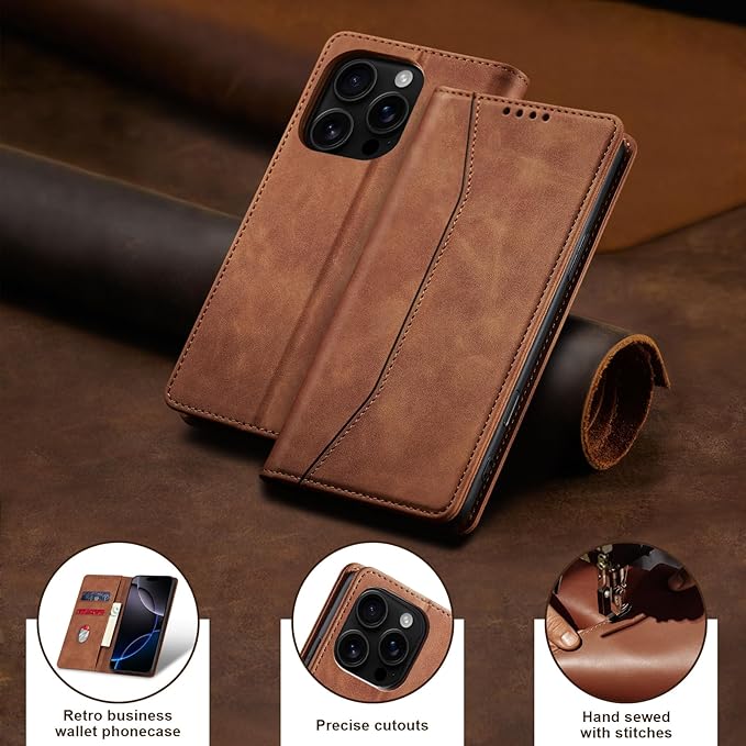 Jasonyu Flip Wallet Case for iPhone 16 Pro Max,Leather Magnetic Folio Cover with Card Holder,Kickstand - TPU Shockproof Durable Protective Phone Case,Brown