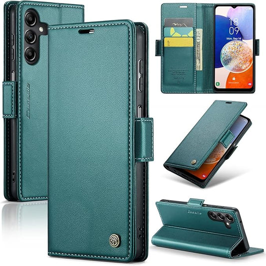 for Samsung Galaxy A14 4G/5G Case, Premium PU Leather Wallet Case Flip Cover with [RFID Blocking][Card Holder][Stand Function] Shockproof Protective for Samsung Galaxy A14, Blue-Green