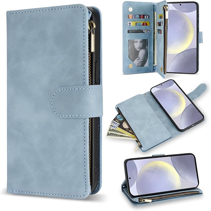 ZZXX for Samsung Galaxy S24 Plus Wallet Case with RFID Blocking Card Slot PU Leather Zipper Flip Folio with Strap Kickstand Protective Cover for Samsung Galaxy S24+ Case Wallet(Light Blue-6.7 inch)