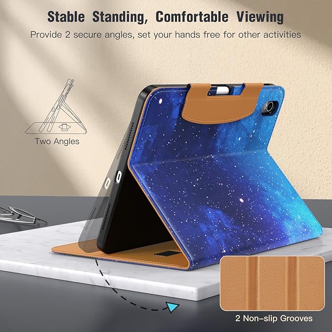 MoKo for iPad (A16) 11th Generation Case 11 inch 2025, iPad 10th Generation Case 10.9" 2022 with Pencil Holder & Pocket, Premium Leather Folio Stand Cover, Multiple Viewing Angles, Blue Starry Sky