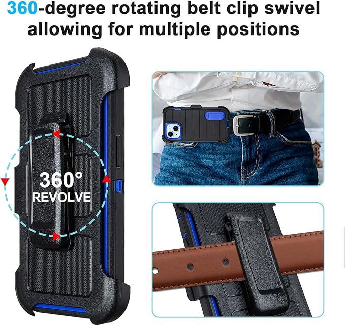 for Rugged iPhone 15 Case with Belt Clip Holster, Military Grade Heavy Duty Shockproof Cover for iPhone15 Case Protective with Stand 6.1 Inch (Black+Blue)