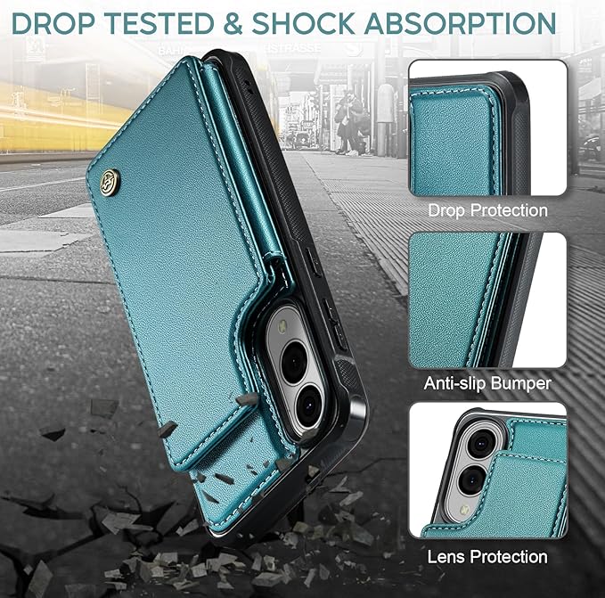 Vinich for Samsung Galaxy S25 Edge Wallet Case with Card Holder, RFID Blocking Credit Slots Kickstand Shockproof Phone Cover for Women Men, Bluish Green