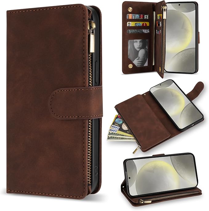 ZZXX for Samsung Galaxy S24 Wallet Case with RFID Blocking Card Slot PU Leather Zipper Flip Folio with Strap Kickstand Protective Cover for Samsung Galaxy S24 Case Wallet(Coffee-6.2 inch)