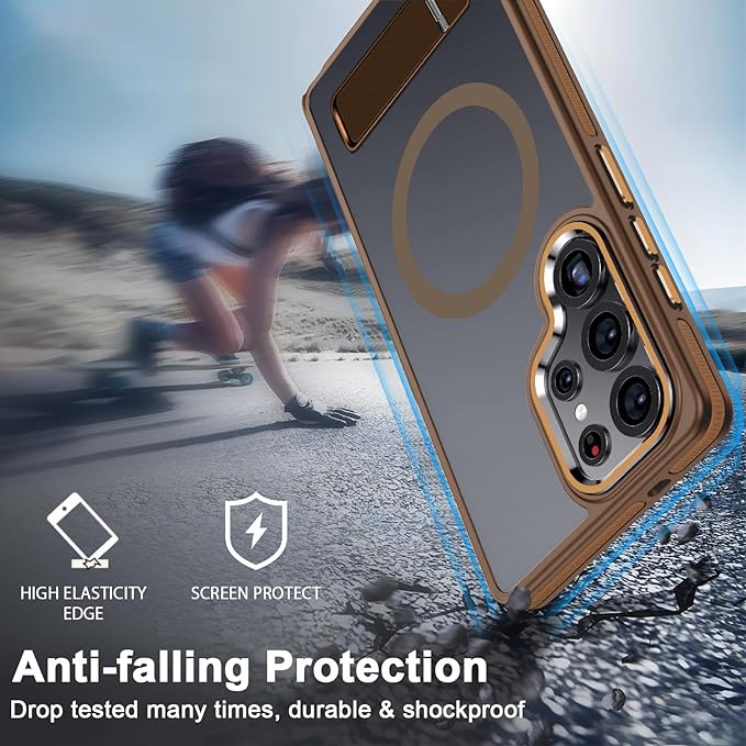 Case for Samsung Galaxy S25 Ultra, Compatible with Magsafe, [Invisible & Adjustable Stand] for Matte Translucent Cover, Anti-Slip Shockproof Slim Phone Case for Galaxy S25 Ultra (Brown)