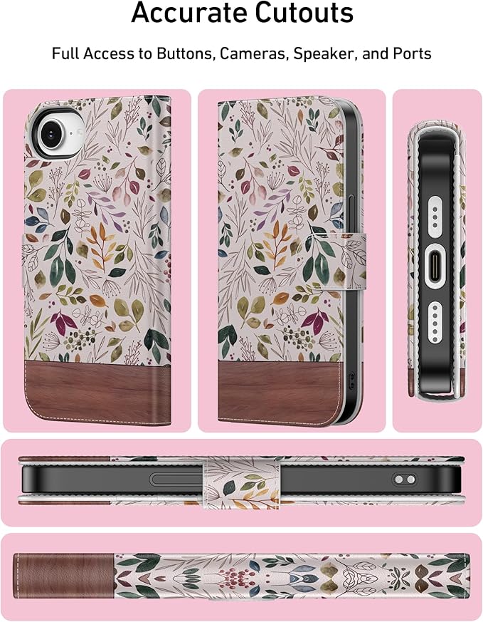 DEENAKIN for iPhone 16e Wallet Case with Card Holder + Cash Clip, RFID-Blocking, Military-Grade Drop Protection, Magnetic Closure with Leather Kickstand - Vibrant Foliage