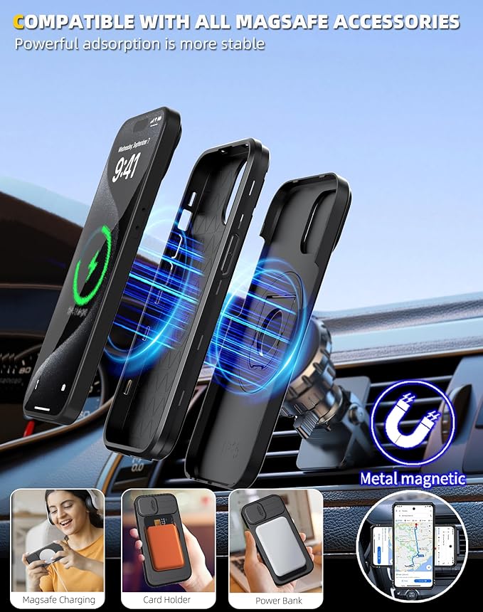 for iPhone 15 Pro Case Magnetic Compatible with MagSafe Wireless Charging with 2 Screen Protectors,Built-in Kickstand Ring Camera Heavy Duty Protection Military Grade Drop Shockproof Black