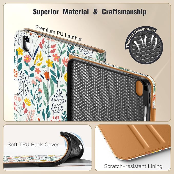MoKo for iPad (A16) 11th Generation Case 11 inch 2025, iPad 10th Generation Case 10.9" 2022 with Pencil Holder & Pocket, Premium Leather Folio Stand Cover, Multiple Viewing Angles, Flowers