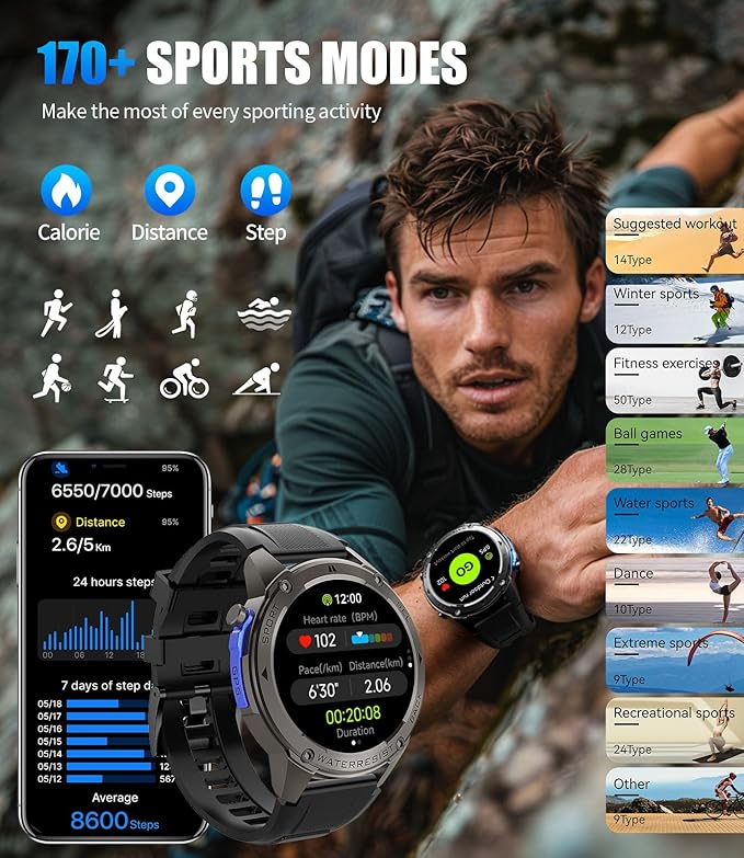 LIGE GPS Military Smart Watch for Men, Compass GPS Running Watch, 170+ Sport Modes Fitness Tracker Watch, 1.43'' AMOLED Smart Watches, Rugged Smart Watch for Android iOS