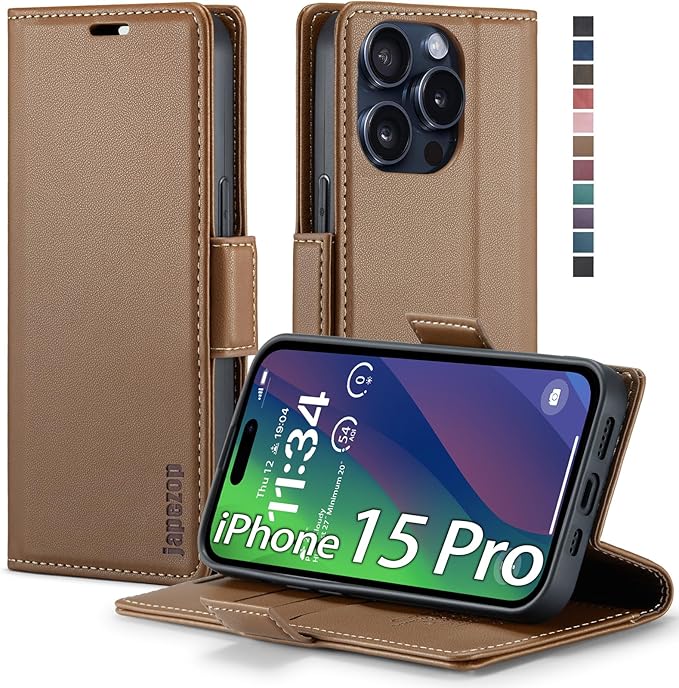 japezop iPhone 15 Pro 5G Wallet Case with [RFID Blocking],Card Holder Kickstand Magnetic,Leather Flip Case Wallet for iPhone 15 Pro 5G 6.1 Inch (Fashion Brown)