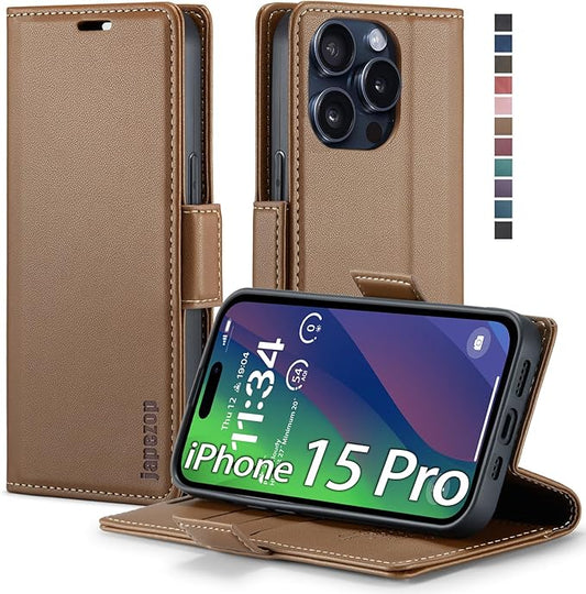 japezop iPhone 15 Pro 5G Wallet Case with [RFID Blocking],Card Holder Kickstand Magnetic,Leather Flip Case Wallet for iPhone 15 Pro 5G 6.1 Inch (Fashion Brown)