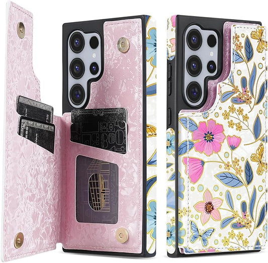 NNH Compatible with Samsung Galaxy S25 Ultra Wallet Case with RFID Blocking Card Slots Flip PU Leather Kickstand Double Magnetic Clasp Design Cover for Galaxy S25 Ultra(6.8 inch-Butterfly Flowers)
