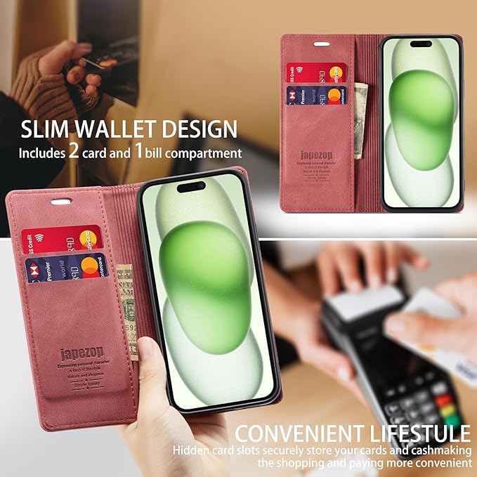 japezop iPhone 15 Plus 5G Wallet Case with RFID Blocking, Card Holder Kickstand Magnetic Leather Flip Case Wallet for iPhone 15 Plus 5G 6.7 Inch(Red)