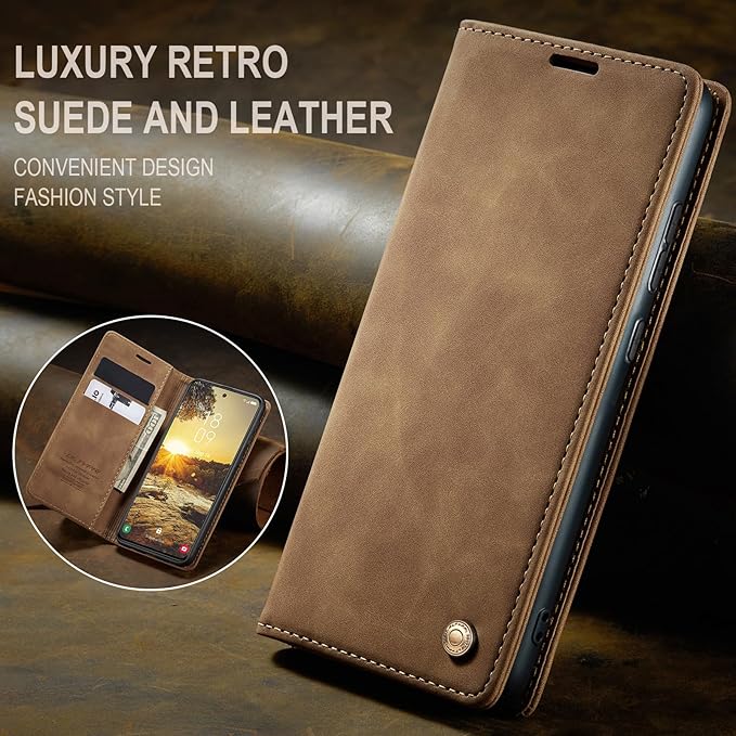 QLTYPRI Case for Samsung Galaxy S24, Vintage PU Leather Wallet Case Card Slot Kickstand Magnetic Closure Shockproof Flip Folio Case Cover for Samsung Galaxy S24 - Brown