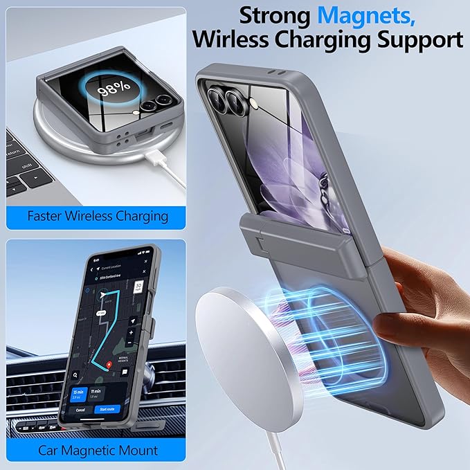 for Samsung Galaxy Z Flip 7 Case Compatible with Magsafe [Hinge Protection＆ Kickstand][Built-in Front Screen Protector] 15FT Military Shockproof Full Body Phone Case for Galaxy Z Flip 7 (Gray)