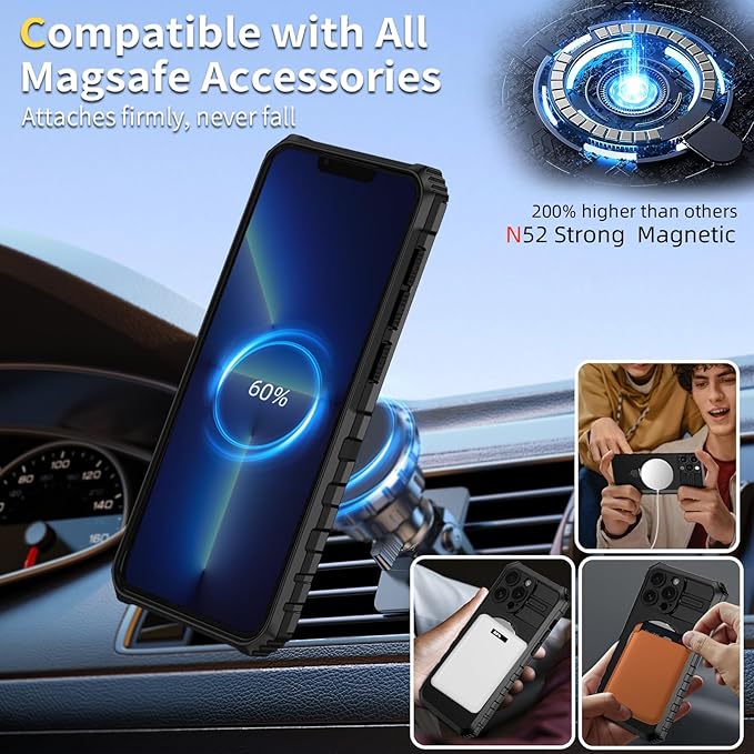 for iPhone 13 Pro Case Magnetic Compatible with MagSafe Wireless Charging,with 2 Screen Protector,with Kickstand Ring Shockproof Shock-Absorbent Heavy Duty Protection Scratch Resistant Black