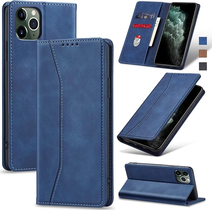 Jasonyu Flip Wallet Case for iPhone 11 Pro,Leather Magnetic Folio Cover with Card Holder,Kickstand - TPU Shockproof Durable Protective Phone Case,Blue