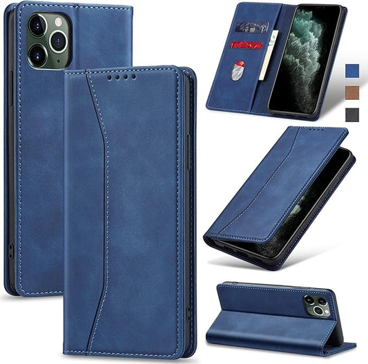 Jasonyu Flip Wallet Case for iPhone 11 Pro,Leather Magnetic Folio Cover with Card Holder,Kickstand - TPU Shockproof Durable Protective Phone Case,Blue
