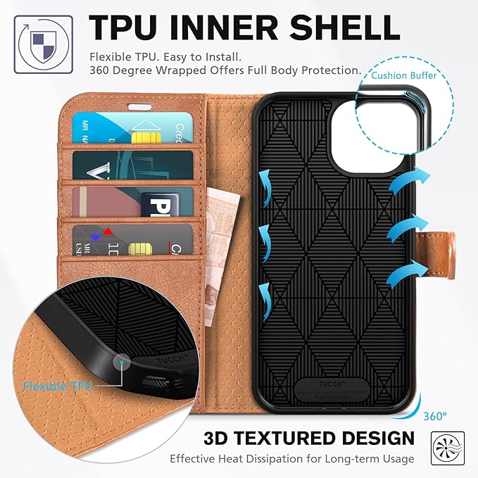 TUCCH Case Wallet for iPhone 15, [RFID Blocking] PU Leather Stand Folio Cover with 4 Card Slots [TPU Protective Interior Shell], Magnetic Flip Case Compatible with iPhone 15 6.1" 2023, Textured Brown